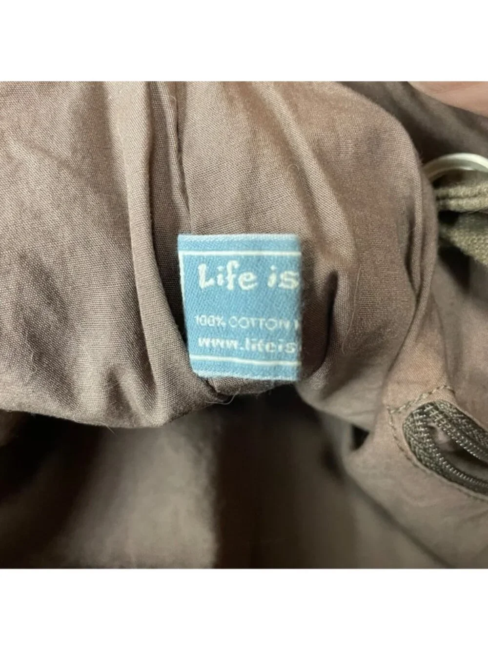 Life Is Good Canvas Fabric Magnetic Close Shoulder Tote Tan Green
